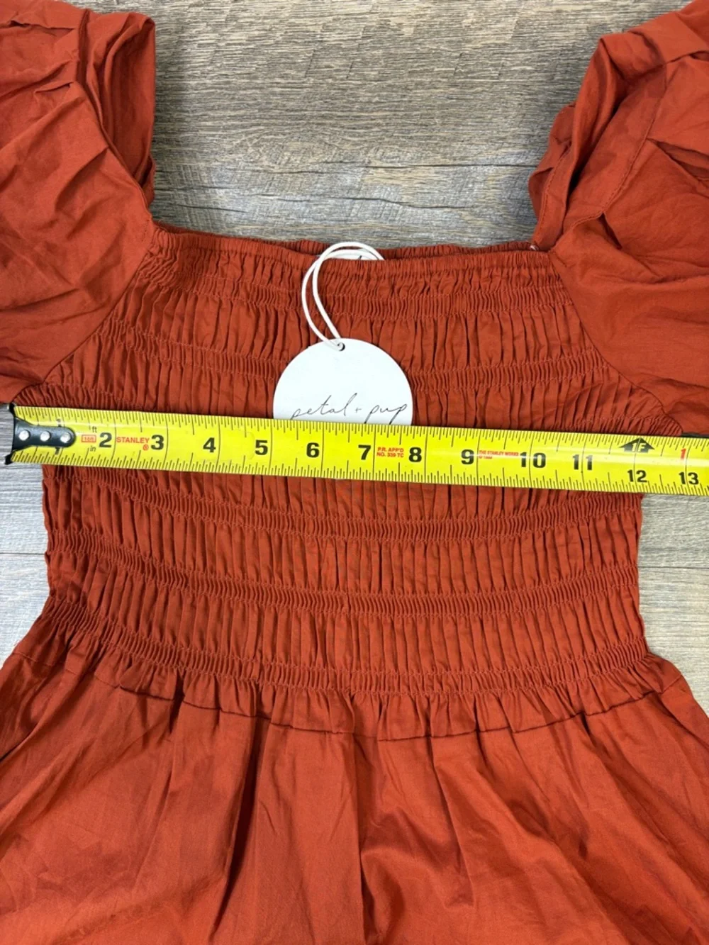 SOLD IN STORE Petal + Pup Smocked Puff Sleeve Midi Dress Rust Orange NWT Size US - Picture 10 of 13